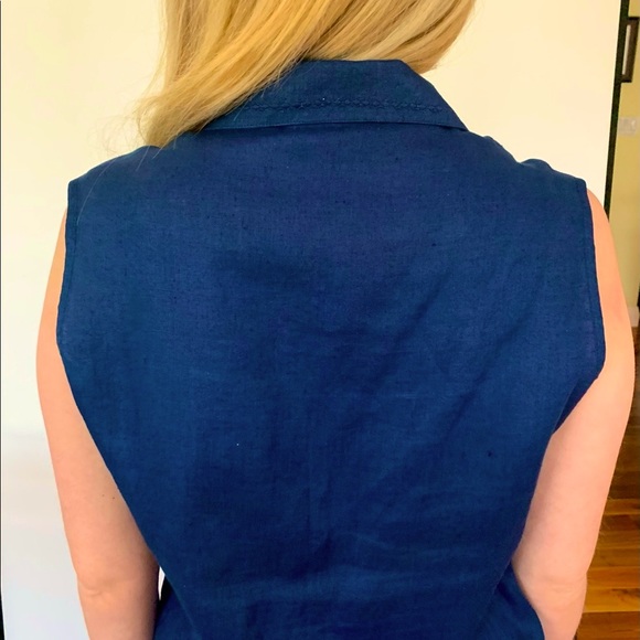 Royal Blue 100% linen button-up shirt mother-of-pearl buttons embroidered collar - Picture 11 of 16